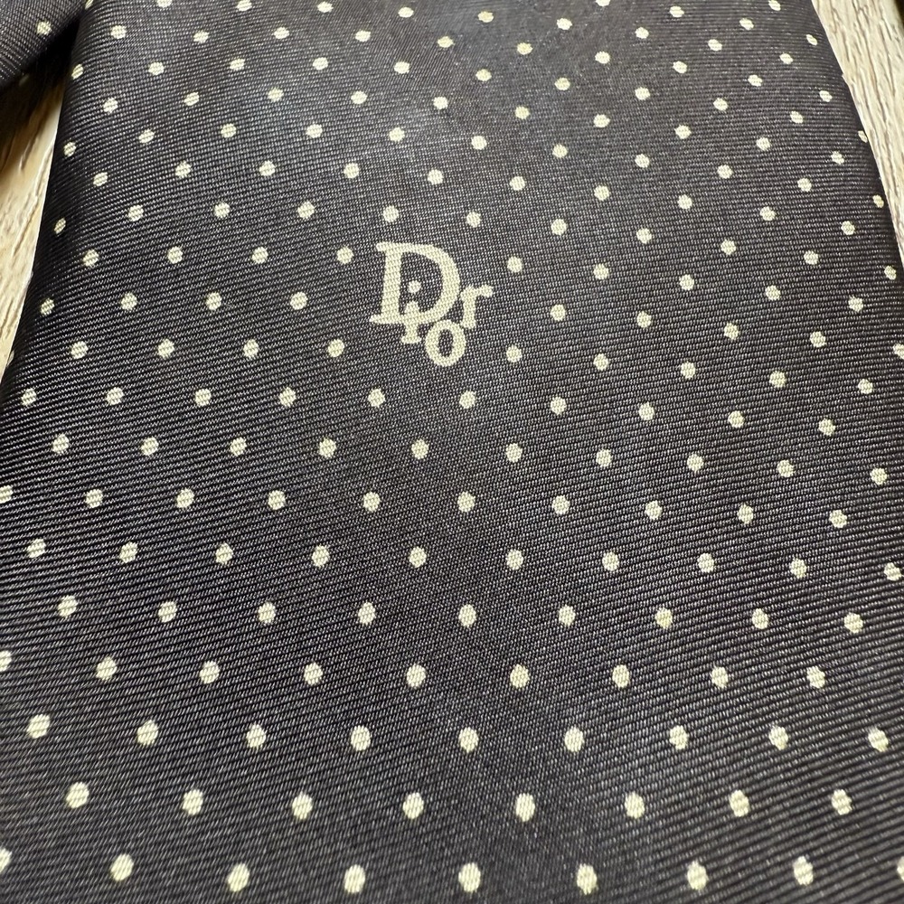 Christian Dior Cravates LOGO Vintage - Brown w/ White Polka Dots - ALL‎ SILK - Picture 2 of 5